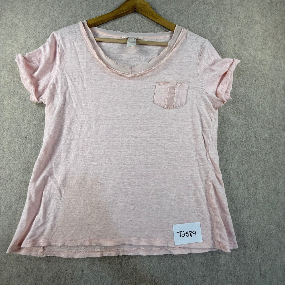 Sundance Pink 100% Linen Short Sleeve Pocket Tee Raw Edge Scoop Neck Medium